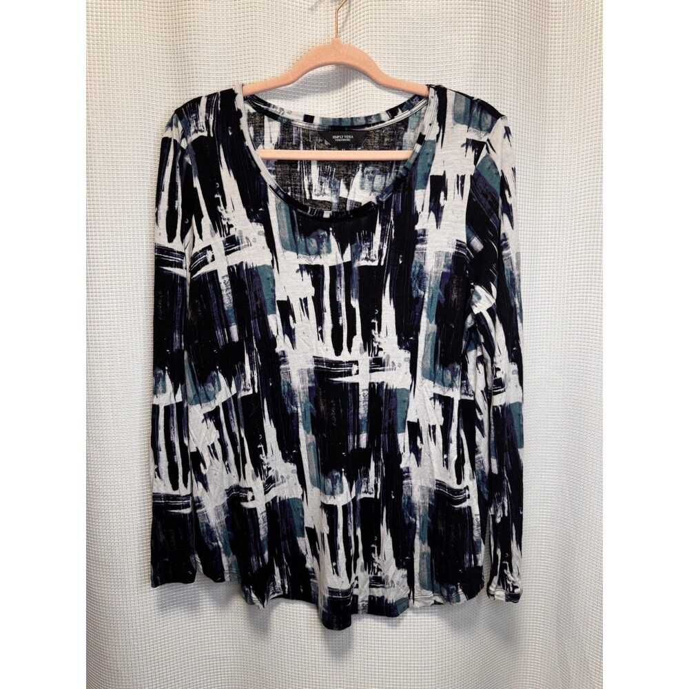Simply Vera Vera Wang XL Abstract Brushstroke Top Black Teal Blue Rayon